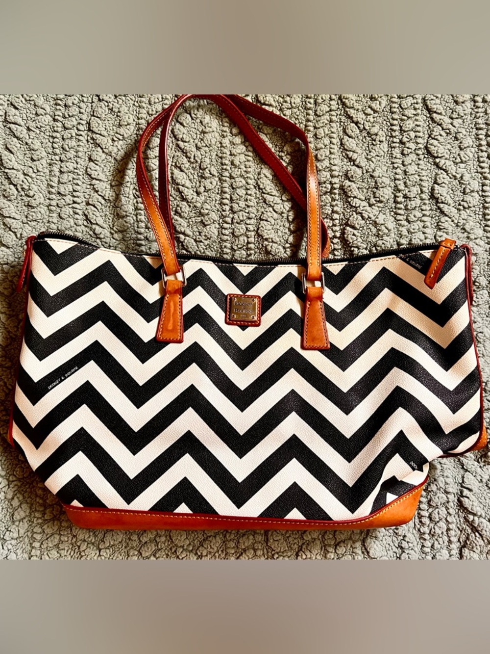 Dooney & Bourke Black & White Chevron Tote with Brown Trim